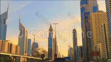 迪拜美丽的日落-谢赫<strong>扎</strong>耶德公路和地标景观-未来博物馆和世界贸易中<strong>心</strong>